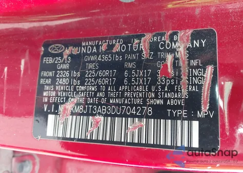 2013 Hyundai Tucson Gl z USA, uszkodzony, nr VIN KM8JT3AB3DU704278